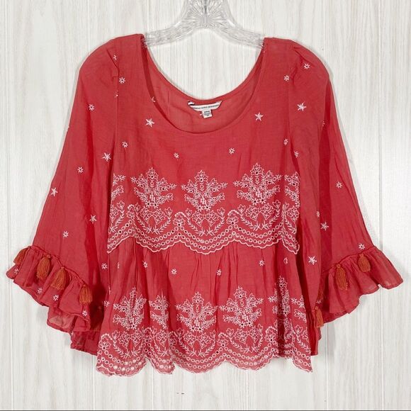 American Eagle Outfitters Tops - American Eagle | Pink Embroidered Bell Sleeve Blouse Size Small